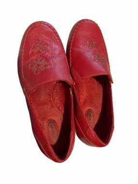Dr. Scholl's Red Leather Slip-On Flats with Floral Detail